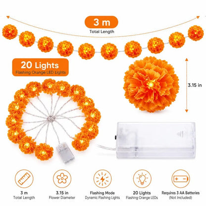 3m Orange Marigold LED String Lights, Battery-Powered Cempasuchil Garland with 20 Flashing Lights for Day of the Dead, Halloween & Fall Decor